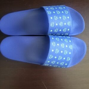MCM Logo Slide Sandals in Bright Blue